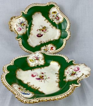 2 X Antique Coalport Porcelain Dessert Bowls Green Botanical C1830 Gold Gilt