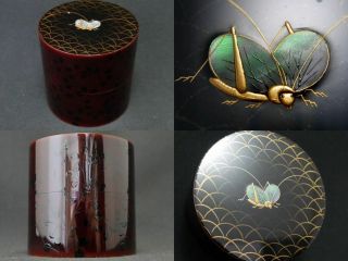 Japanese Lacquer Wooden Tea Caddy Bell Cricket Makie Nakatsugi Natsume (709)