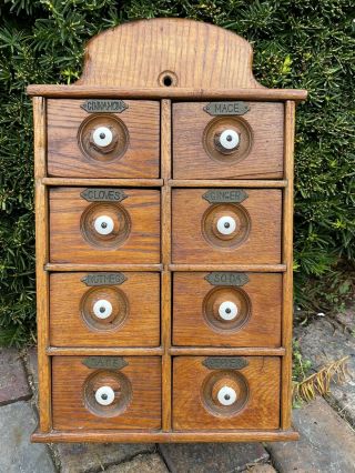 Antique Primitive Wooden 8 Drawer Hanging Spice Rack Cabinet With Brass Labels