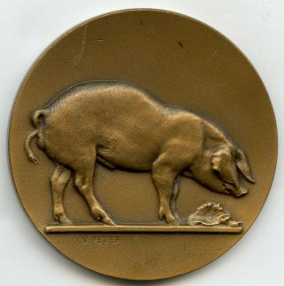 France Pig Animal Breeding Agriculture Bronze Art Deco Medal By Peter 46mm 41g