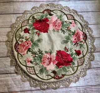 Antique Society Silk Embroidered Roses Crochet Lace Round Ecru Table Topper 30 "