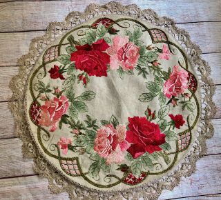Antique Society Silk Embroidered Roses Crochet Lace Round Ecru Table Topper 30 