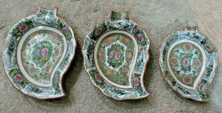 3 Antique Chinese Porcelain Rose Medallion Graduated Leaf Shape Bowls Plates