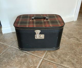 Vintage Luggage Train Case Black W Red Plaid Top Box Shaped 1950 