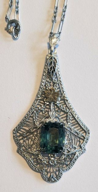 Antique Ostby & Barton Ob Sterling Filigree Blue Stone Pendant Necklace