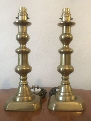 Chunky Antique Brass Candlestick Table Lamps Pair H30cm Solid Heavy Quality