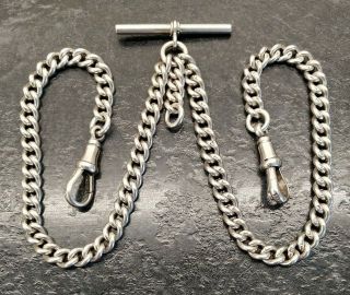 Antique Silver Curb Link Double Albert Pocket Watch Chain By H.  B&s.