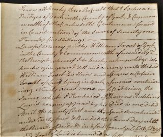 1795 Antique Land Deed York Me Joshua Bridges To Wm Frost Handwritten