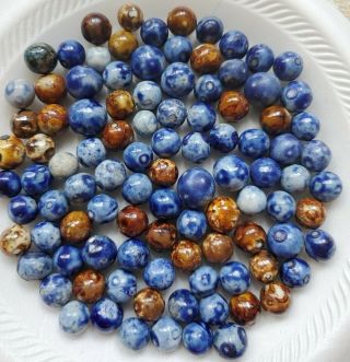 100 Antique Small Bennington Clay Marbles,  Blue & Brown