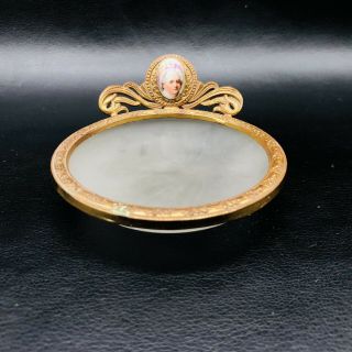 Antique Victorian Gold Tone Frosted Glass Portrait Trinket Ring Dish