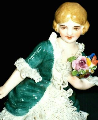 Antique German Dresden Lace Art Deco Girl Doll Dancer Flowers Porcelain Figurine