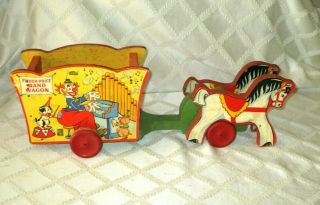 1940 - Vintage Fisher Price No 198 - Band Wagon - Circus - 18 " - Wood Litho Pull Toy