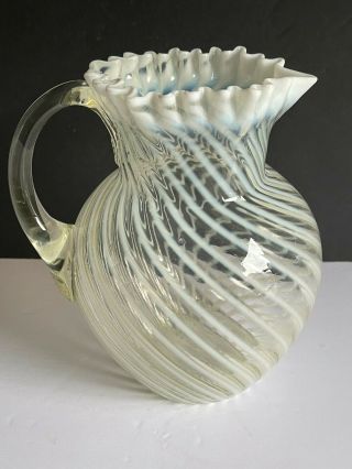 Vintage Antique Clear White Opalescent Swirl Glass Pitcher Applied Handle 8 1/2 "