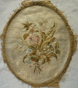 Early 19th Century Oval Silk Work Of A Tied Floral Spray - C.  1830