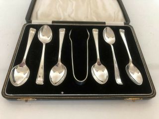 Cased Set Of 6 Sterling Silver Tea Spoons And Matching Sugar Tongs (birm 1931)