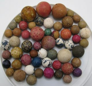 Group Of 56 Antique Clay & Stone Marbles,  Indigo,  Bennington,  Big & Small,  Nr