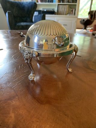 Antique Silver Plated Roll Top Domed Butter / Caviar Dish Lion Footed
