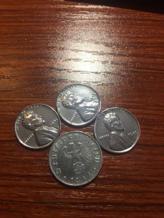 4 Coins - 3 1943 Steel War Cent Penny - 1 10 Pfennig 1944 Wwii Antique