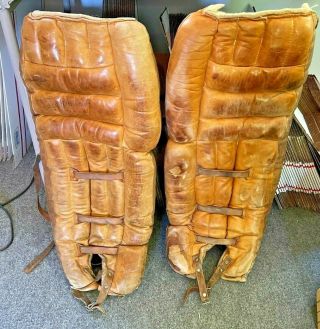 Antique Spalding Leather Hockey Goalie Pads Gp - 10 (12 " X 29 ")