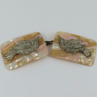Antique French Mother Of Pearl Applied Silver Bird Dress Scarf Shoe Buckle Clip
