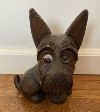 Carved Wooden Scotty Dog Rolling Eyes Clock Germany No Movement Woof