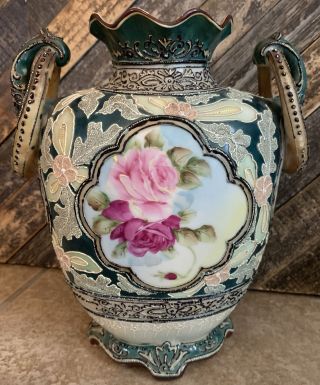 Antique Japanese Nippon Moriage 2 Handle Vase
