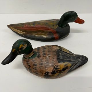 Vintage Decoy Duck With Paint Carved Wood Pair