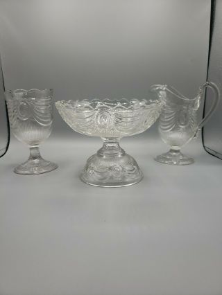 Antique Lincoln Drape Early American Pattern Flint Glass Goblet Compote Pitcher