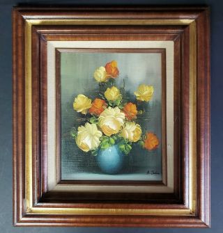 A.  Julia Rant Vintage Framed Oil Painting Coral Yellow Roses Signed