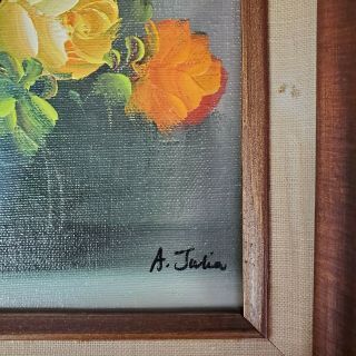 A.  Julia Rant Vintage Framed Oil Painting Coral Yellow Roses Signed 2