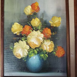 A.  Julia Rant Vintage Framed Oil Painting Coral Yellow Roses Signed 3