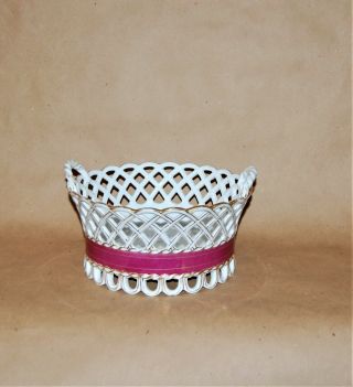 Antique Porcelain French Dusty Rose Gilt Woven Handles Basket Centerpiece Bowl