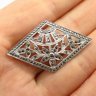 925 Sterling Silver Antique Real Marcasite Gem Floral Pin Brooch