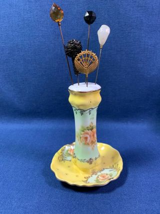 Yellow Porcelain Hat Pin Holder With 5 Antique Hat Pins