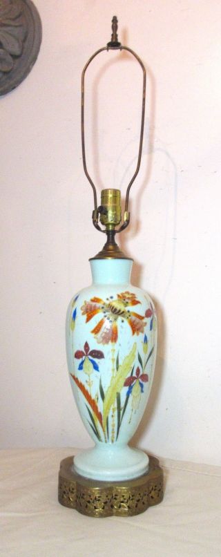 Antique Vintage Hand Painted Floral Opal Bristol Glass Electric Table Vase Lamp