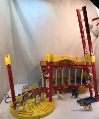 Vtg 1962 Fisher Price Circus Pull Toy Animals Cage Train Car Ring Master Ladders