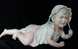 Pretty Antique German Bisque Porcelain Piano Baby,  12 " Long