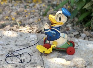 Vintage 1950s Fisher Price 765 Donald Duck Disney Wooden Talking Pull Toy