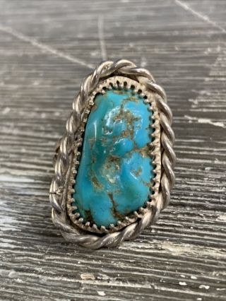Antique Navajo Sterling Silver Turquoise Stone Ring - Size 7 (10.  3 Grams)