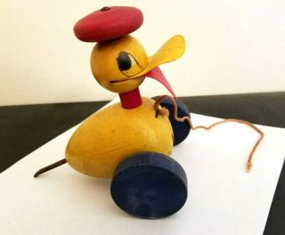 Fisher Price Antique 1950s Kids Baby Vintage Wood Yellow Duck Pull Toy It Rolls