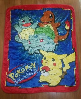 Vintage Pokemom Soft Throw Blanket Pikachu Charmander Squirtle Bulbasaur 48x60