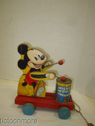 Vintage Fisher Price Wdp Disney Mickey Mouse Drummer Wood Pull Toy No