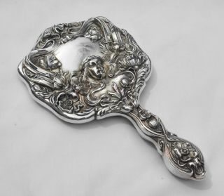 Antique Vintage Sterling Silver Figural Art Nouveau Hand Mirror