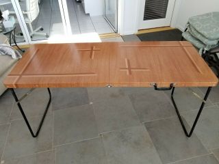 Vintage Retro Folding Metal Table Handle Camping Picnic Bar Faux Wood 60” X 24”