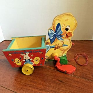 Vintage Fisher Price Wooden Walking Duck Cart Pull Toy 305 Easter 1950s Us Rare