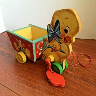Vintage FISHER PRICE Wooden Walking Duck Cart Pull Toy 305 Easter 1950s US RARE 2