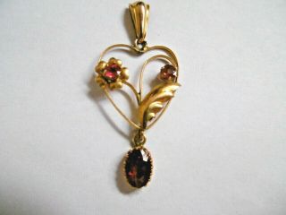 Lovely Antique Art Nouveau Solid 9ct Gold & Ruby Heart Pendant