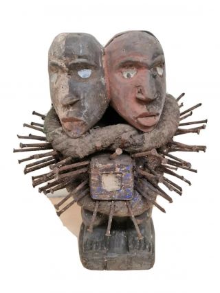 Double Head Bakongo Nkisi Nail Fetish Figure - Dr Congo Fes - Lcy Aco
