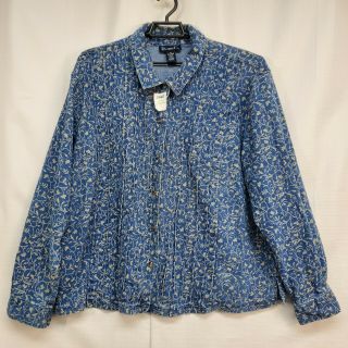 Vtg Denim & Co Floral Print Tan Blue Denim Button Front Shirt Jacket Plus Sz 2x