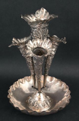 Antique Indian Silver Embossed Hindu Deities Epergne Vase Centerpiece Bowl Nr